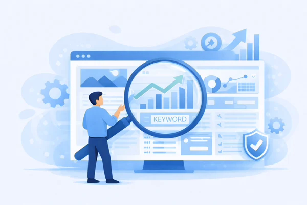 Illustration représentant l’analyse SEO et l’audit d’un site web à l’aide d’une loupe