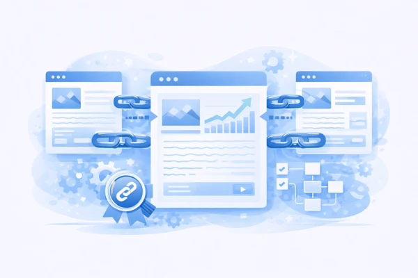 Illustration du maillage interne et des backlinks d’un site web avec pages interconnectées et liens SEO