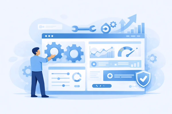 illustration maintenance performance et securite du site internet Illustration représentant la maintenance et l’optimisation des performances d’un site WordPress
