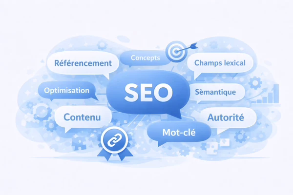 Illustration du champ sémantique SEO avec nuage de mots autour du référencement et de l’optimisation de contenu