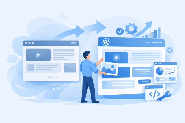 Illustration représentant la refonte d’un site internet avec amélioration du design, des performances et de la visibilité en ligne