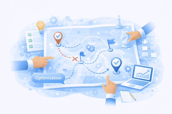 Illustration d’une stratégie digitale avec plan d’action, objectifs et parcours d’optimisation représentés sur une carte