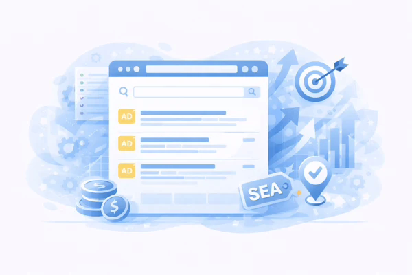 illustration sea publicite payante google ads Illustration du référencement payant SEA avec résultats sponsorisés Google Ads, ciblage et croissance du trafic